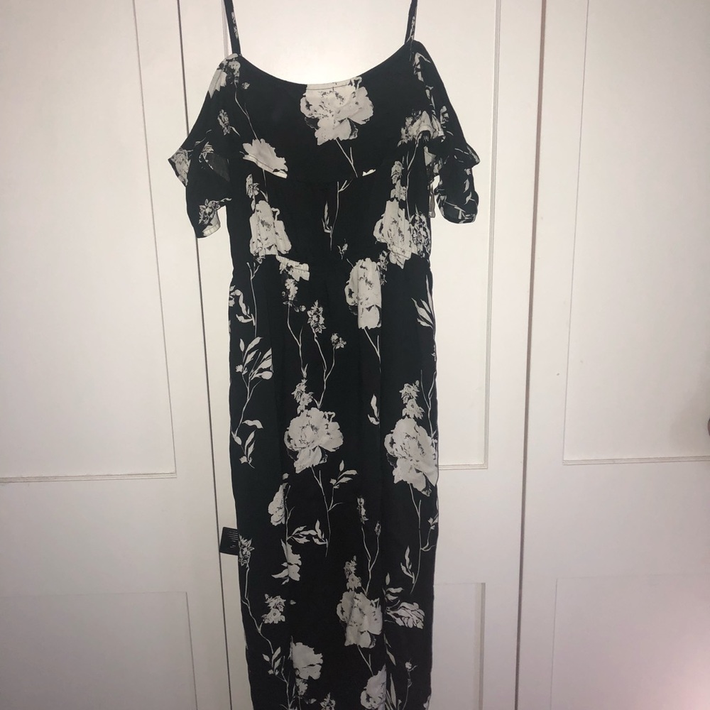 open shoulder, midi, black, floral dress